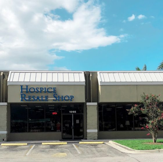 The West Palm Beach resale shop, unit 106E, its blue Hospice Resale Shop sign above the awning